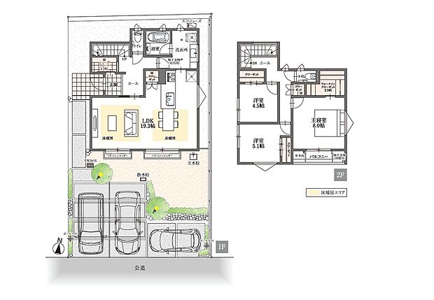 No.5 間取図
19.3帖のLDK。リビングとダイニングに床暖房。 
