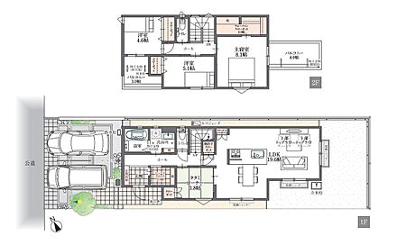 19.6帖の広々LDK。2階8.1帖ベッドルームには3.0帖のウォークインクローゼット。空間を活かした収納と動線が魅力です。 