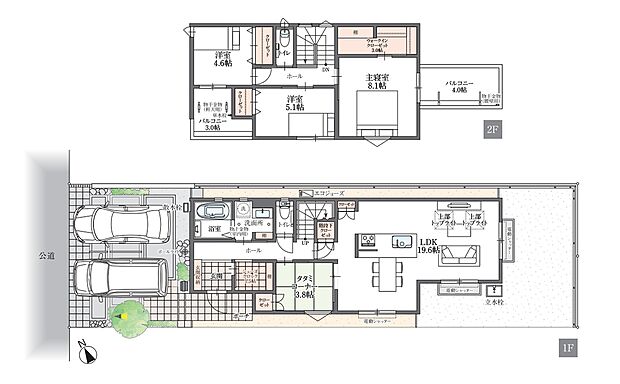 【4LDK+3S】19.6帖の広々LDK。2階8.1帖ベッドルームには3.0帖のウォークインクローゼット。空間を活かした収納と動線が魅力です。