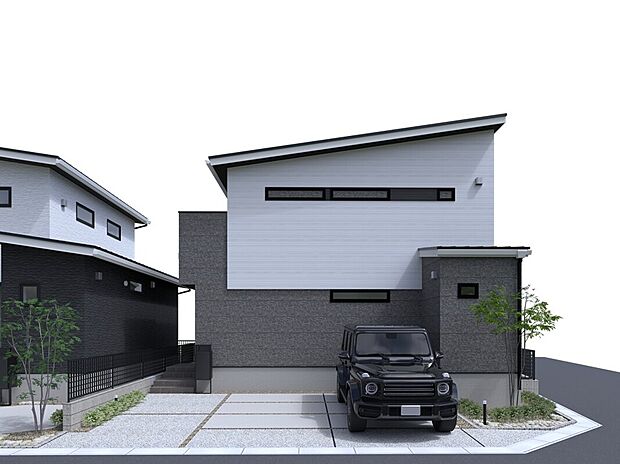 【【B-2】分譲地外観】シャープな意匠と落ち着いたモダンカラーが印象的な外観。3台以上の駐車に対応するゆとりの計画に加え、LDKとつながる庭を設けることで、日々の暮らしに広がりと使いやすさをもたらします。
