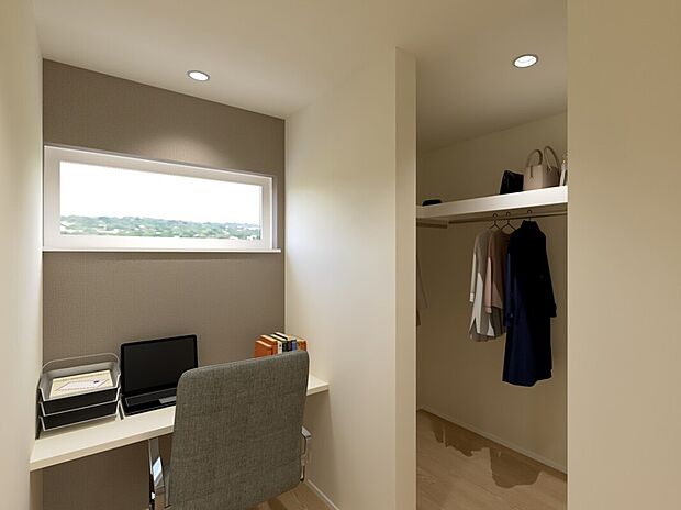 【【B-2】ウォークインクローゼット・書斎】主寝室に隣接した書斎とウォークインクローゼットは、趣味や読書を楽しみながら収納も確保できる便利な空間。暮らしにゆとりを生み出します。