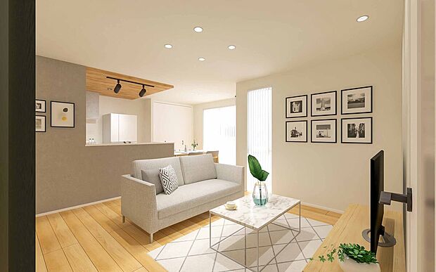 17.3帖の広々LDK。開放的な一体空間は、家族の会話が弾み、どこにいても繋がりを感じられます。リビング奥の多目的スペースはスラ