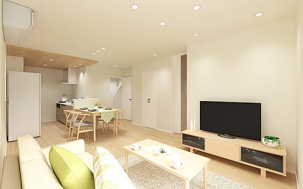 [No.1　LDKパース]
家族が集うLDKは、ゆとりの15.7帖。温かい木目とオフホワイトを基調とした、心地よいデザイン空間です。