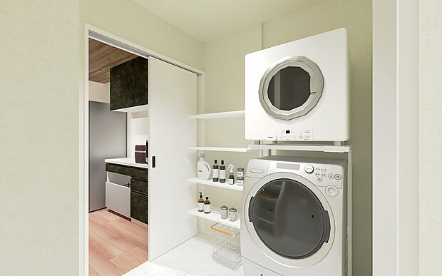 【No.2　脱衣室パース】LDKのキッチン奥に位置しており、料理と洗濯を同時に進められるスムーズな回遊性を実現しています。