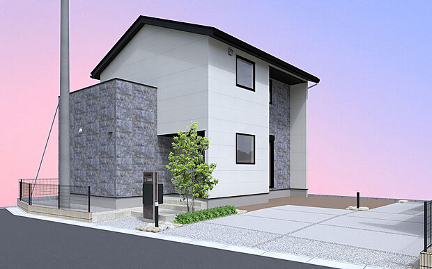 【No.9　外観】モノトーンの石目調タイルが際立つ、洗練されたモダンな邸宅。落ち着いた外観デザインは、静かな行き止まり道路の風景にも美しく調和します。プライバシーと安全に守られたこの場所で、上質な家族
