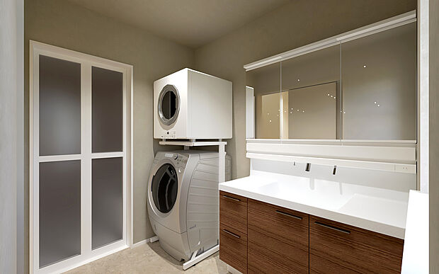 【No.9　ランドリールームパース】清潔感あふれる脱衣所には、室内物干しが備え付けられ、雨の日も安心です。カウンター付きなので、洗濯物をたたんだり、着替えを置いたりと、様々な用途に使えます。