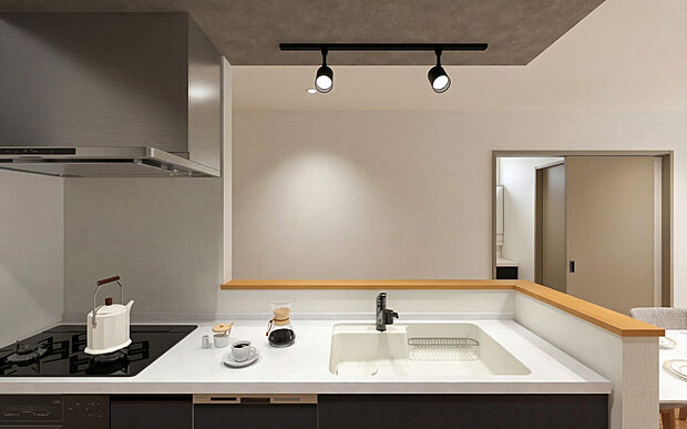 【No.2　キッチン】お掃除のしやすいフラットなコンロや、シンク周りのスペースを広く確保した、機能美あふれるシステムキッチンを採用しました。