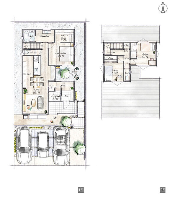 【3LDK+2S　】『1.5階の家』
寝室を1階に下ろすことで、すまいと共に年齢を重ねることを実現する。玄関・リビング・寝室から見える中庭はヌケ感を演出
空間の広がりを感じます