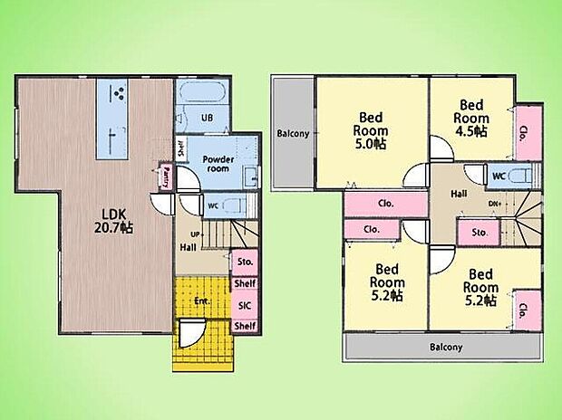 7290万円、4LDK+S(納戸)、土地面積173.28m2、建物面積109.3m2 広々20.7帖のLDKは家族の笑顔が溢れる空間。2階には4つの居室と豊富な収納があります。