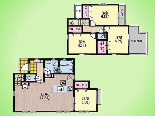 【4LDK】2階建てのゆとりの間取り図です。広々としたLDKは家族の笑顔が集まる空間。各洋室には収納も豊富で、お子様の成長に合わせて長く快適に暮らせます。