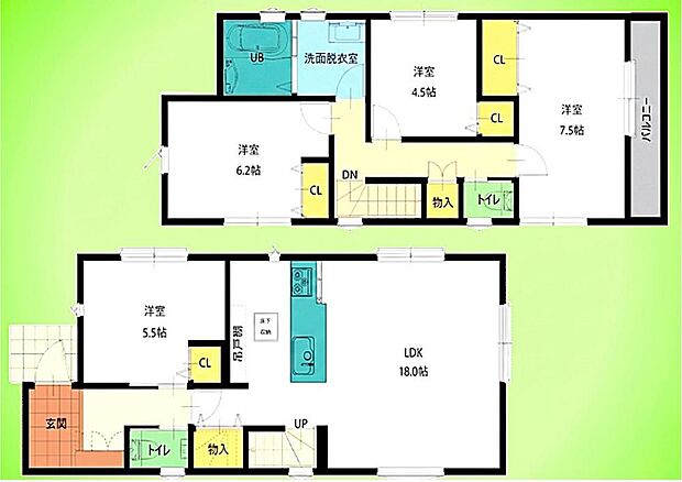 【間取図】価格5280万円、4LDK、土地面積372.68m2、建物面積99.37m2　18帖と広々LDKのある4LDKの住まい。リビングに階段があり、家族の距離が近くなる設計です。