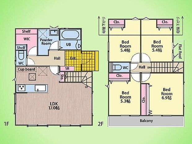 【4LDK】全室5帖以上の広さを確保し、家族それぞれのプライベートタイムを大切にできる4LDKプラン。各居室にクローゼットを備え、収納力も抜群です。バルコニーに面した明るいお部屋もあり、心地よい風と光を感じる快適な空間です。