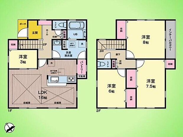 【4LDK】8帖の広々とした主寝室には、天候を気にせずお洗濯物が干せるインナーバルコニーを配置。奥行きがあり、椅子を置いてプライベートな屋外空間としても楽しめます。豊かな緑を望む開放的な眺望が、心のリラックスを誘います。