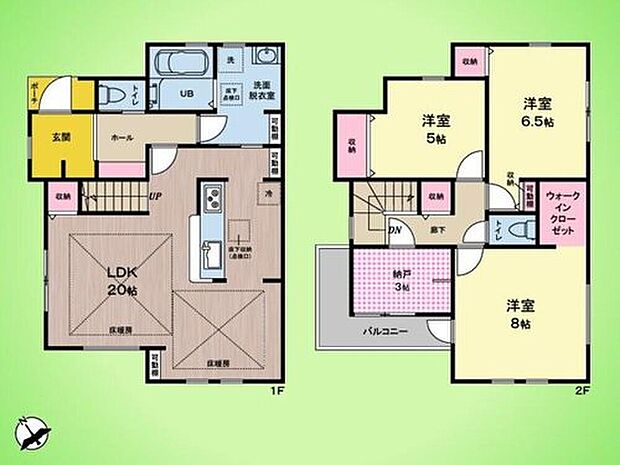 【3LDK+S】家族が自然と集まるLDKは、圧倒的な広さの20帖。2カ所の床暖房が足元から優しく温めてくれます。対面キッチンからはリビング全体が見渡せるため、お子様を見守りながら安心して料理を楽しめます。