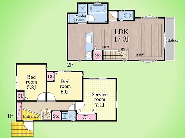 【2LDK+S】1階廊下の物入や2階のクローゼットなど、共有スペースに便利な収納を複数配置。各部屋の収納もしっかり確保されており、家中をすっきり片付けやすい設計です。