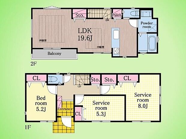 【1LDK+2S】外からの視線が気にならない2階リビング仕様。19.6畳の大空間は陽当り・通風ともに良好で、家族だけのプライベートな時間をゆったりと贅沢に過ごせます。