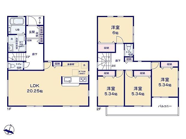 【間取図】LDK20.25帖/洋室6.0帖/洋室5.34帖/洋室5.34帖/洋室5.34帖/各居室収納あり