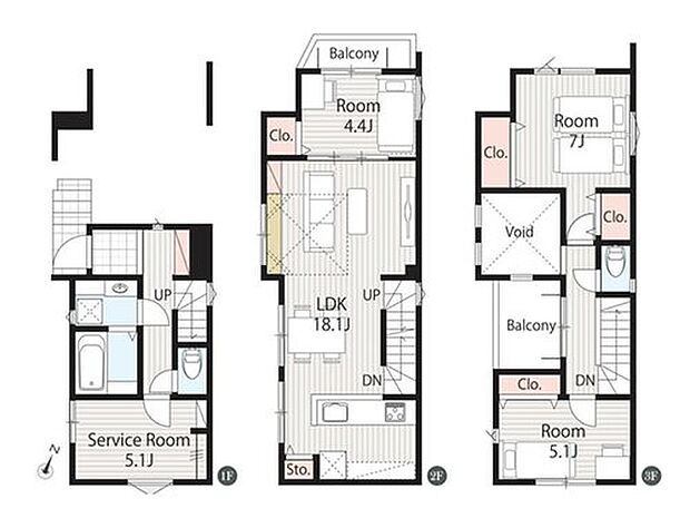 【3LDK+S】1号棟【間取り図】1階サービスルーム5.1帖、2階LDK18.1帖、3階7帖・5.1帖