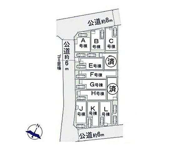 【全体区画図】全12戸の区画整理地内の閑静な住宅街。前面道路は6~8mあるので駐車に便利です。