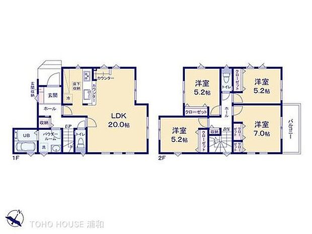 【4LDK】【間取りプラン】ＬＤＫ２０帖・２階４部屋の４ＬＤＫ・奥行きある広々バルコニーの２階建て