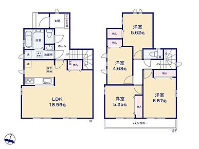 【間取り】18.56帖の広々としたリビングが魅力的な間取りです。 