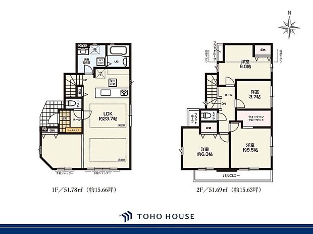8999万円、4LDK、土地面積104.38m2、建物面積103.47m2 1階には約23.7帖のゆとりあるLDKと水回りが集約されています。2階には洋室が4部屋確保されており、ご家族が集まる空間とプ