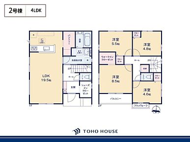 【2号棟】
4LDKの間取り、2階建ての住まいです。ウォークインクローゼット、パントリーなど快適な暮らしを整える設備が充実。2台分のカースペースも設けられています(車種による)。 