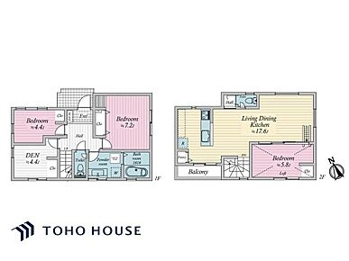 プライバシーと彩光が確保できる2階リビングが採用された住まい。1階に洋室2室＋約4.4帖の納戸、2階に洋室1室が設けられています。対面式キッチンやリビング階段でご家族のコミュニケーションが育まれます。 