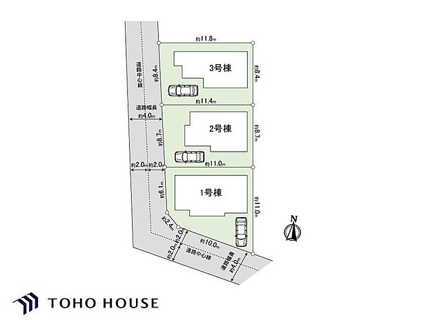 【全体区画図】「是政」駅徒歩6分の好立地!開放的な角地を含む全3棟・全棟カースペース完備
