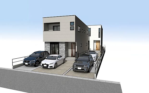 外観パース　手前：A号棟、奥：B号棟
■未完成物件の為、モデルハウスへのご案内も致します。お気軽にお問合せ下さいませ。