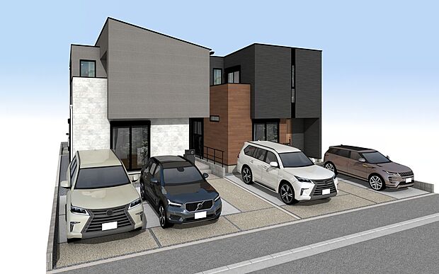 外観パース（B号棟：右　C号棟：左）構造計算による【耐震等級3】という、最高レベルで大切な家族を守ります。
