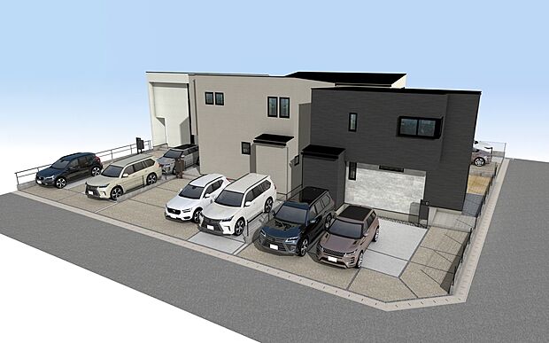 外観パース　右：B号棟、中央：C号棟、左：D号棟
■未完成物件の為、モデルハウスへのご案内も致します。お気軽にお問合せ下さいませ。