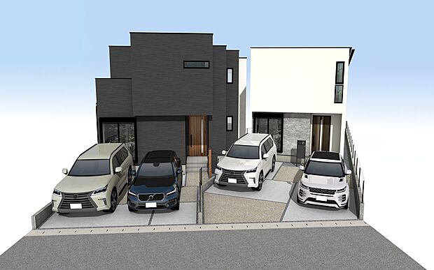 外観パース　右：A号棟、左：B号棟
■未完成物件の為、モデルハウスへのご案内も致します。お気軽にお問合せ下さいませ。