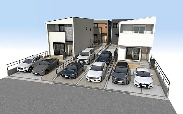 守山区西城の家2期　外観パース　左からA・B・C・D号棟

未完成物件のため、モデルハウスへのご案内も致します！
お気軽に「0120-776-133」へご連絡下さい。