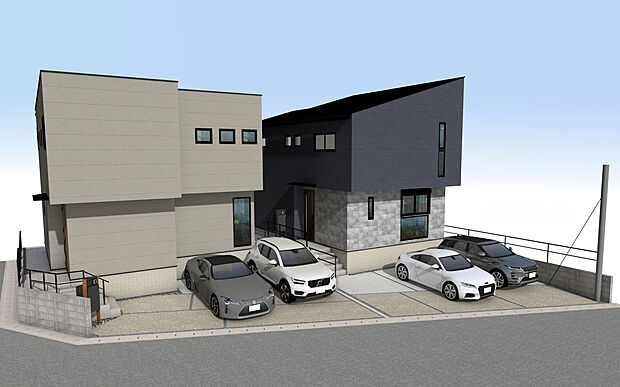 外観パース(左からAB号棟)
並列2~3台駐車可!(車種による)