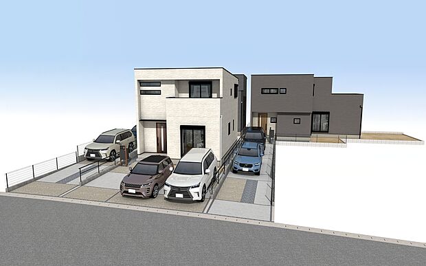 外観パース(右奥側：B号棟・中心：C号棟)　駐車3台可！
未完成物件の為モデルハウスへのご案内も致します。
平日・土日問わずお気軽にお問合せください。