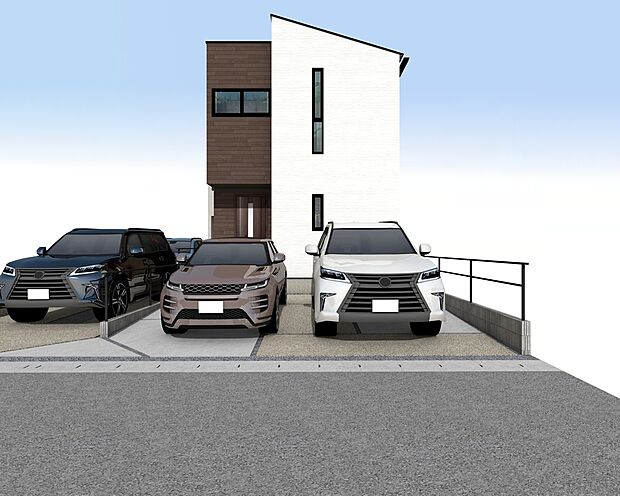 外観パース　A号棟
並列駐車2台可！
未完成物件の為モデルハウスへのご案内も致します。
平日・土日問わずお気軽にお問合せください。