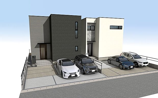 外観パース(左：B号棟、右：A号棟)
■未完成物件の為、モデルハウスへのご案内も致します。
お気軽に【0120-928-571】までお問い合わせください！