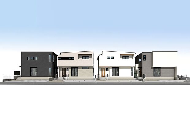 外観パース　A～D号棟(左から)
並列駐車3台可！(車種・号棟による)
未完成物件の為モデルハウスへのご案内も致します。
平日・土日問わずお気軽にお問合せください。