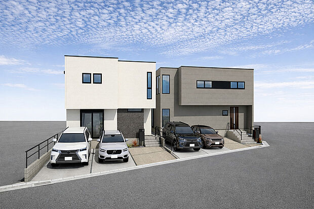 外観パース　(A号棟：右側、B号棟：左側)
並列駐車3台可！(車種による)
未完成物件の為モデルハウスへのご案内も致します。
平日・土日問わずお気軽にお問合せください。