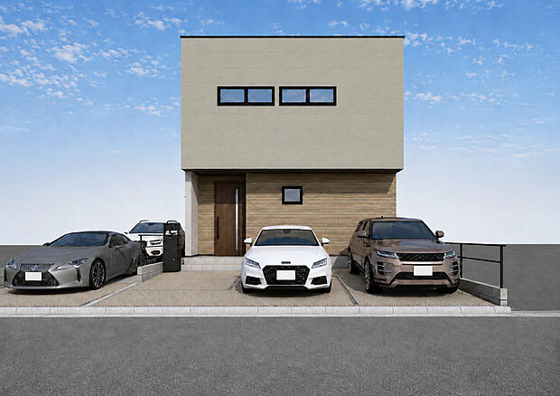 外観パース（A号棟 ) 注文住宅から生まれたこだわりの住まい。アクセントのある外観、洗練されたデザイン。構造計算による耐震等級3という、最高レベルで大切な家族を守る家です。
