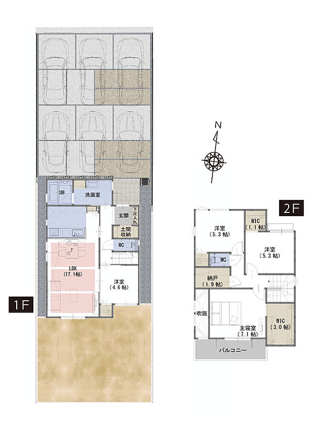 【4LDK +WIC+納戸+土間収納】■南向きのリビングには心地いい日差しが差し込みます。
■ご要望の多い土間収納や、WIC、納戸といった収納スペースを各所に配置。