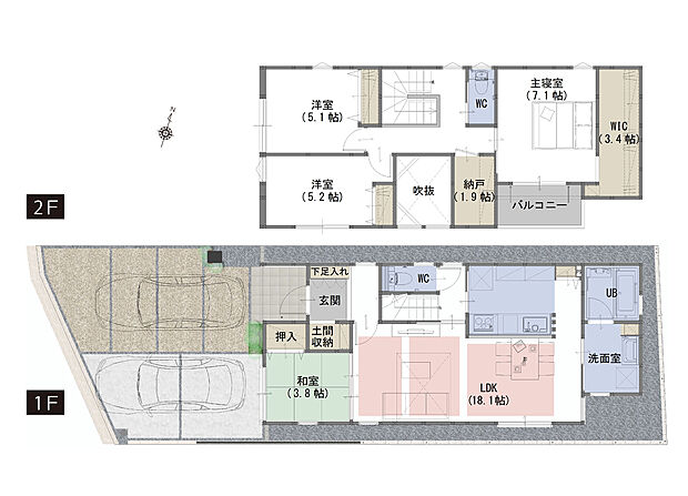 【4LDK+S】◆白×木目のアクセント外壁で温かみのあるナチュラルスタイル
◆南からの日差しをリビングへ届ける吹抜
◆並列2台駐車可能な外構計画
