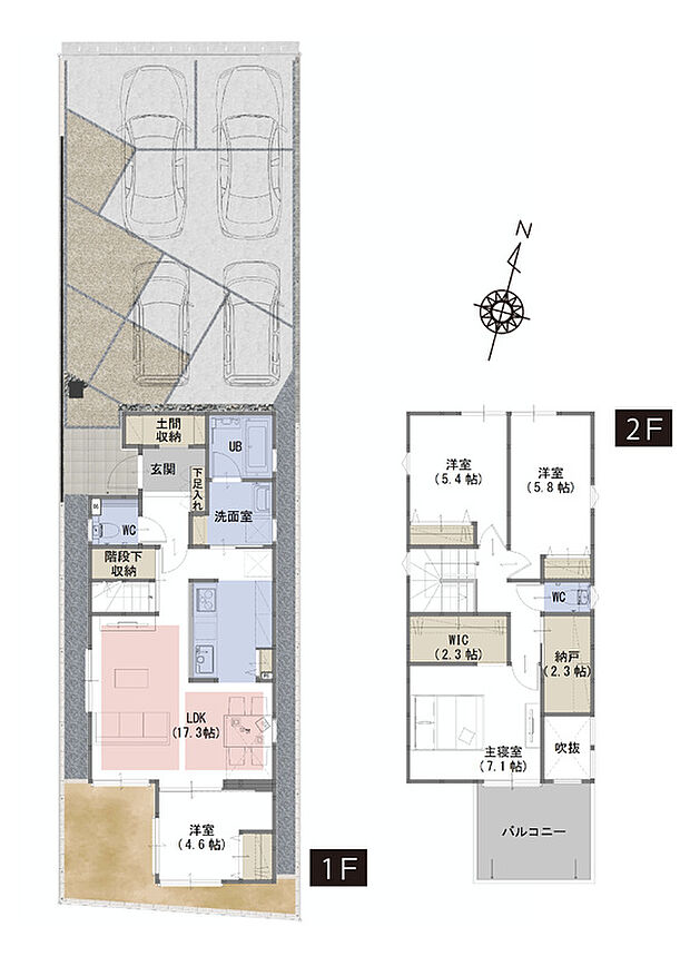 【４LDK+WIC+納戸＋土間収納】■家事導線を考えた間取
■全居室収納付きで家族全員の持ち物がすっきり片付く