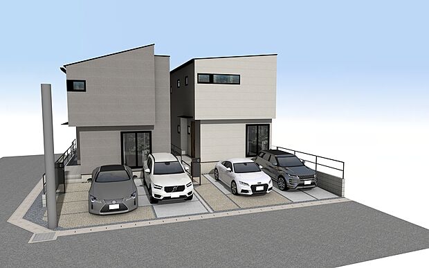 【外観パース】左：A号棟、右：B号棟