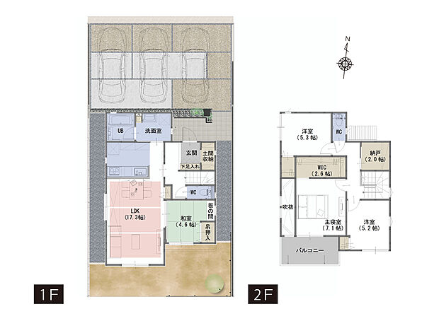 【4LDK+S】■吹抜がリビングをより明るく開放的な空間に
■家事がはかどる食器洗い乾燥機付き
■掃除道具やレジャー用品等の収納に便利な納戸
