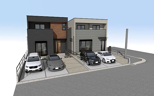 【外観パース 左:A号棟、右:B号棟】■未完成物件の為、モデルハウスへのご案内も致します。お気軽にお問合せ下さいませ。