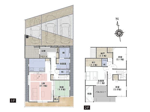 【4LDK＋S】■吹き抜けにより、リビングを明るく広く感じさせます。
■リビングを見渡せる対面キッチンでお子様がいても安心
■ゆとりの納戸2.5帖分。バーベキューセットやビニールプールなど、季節の物を収納できます。