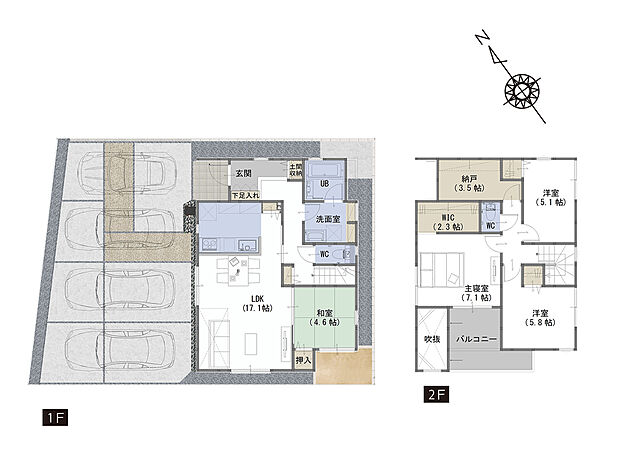 【4LDK+S】■リビングを見渡せる対面キッチンでお子様がいても安心
■ゆとりの納戸3.5帖分。お子さんのビニールプールなど、季節の物を収納できます。
■吹き抜けにより、リビングを明るく広く感じさせます。