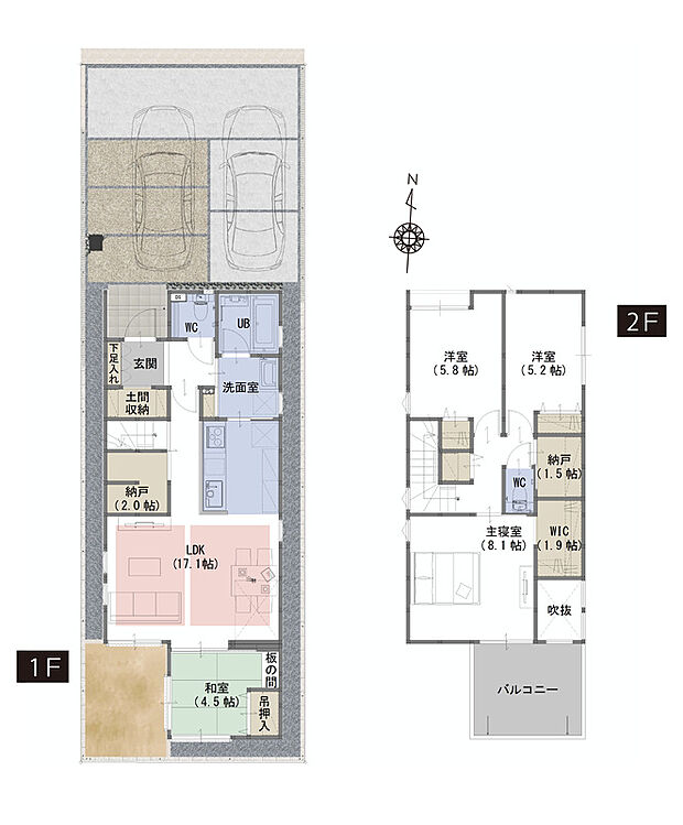 【４LDK+WIC+納戸＋土間収納】■WIC・納戸・土間収納がある豊富な収納スペース
■吹抜がリビングをより明るく、開放的な空間に